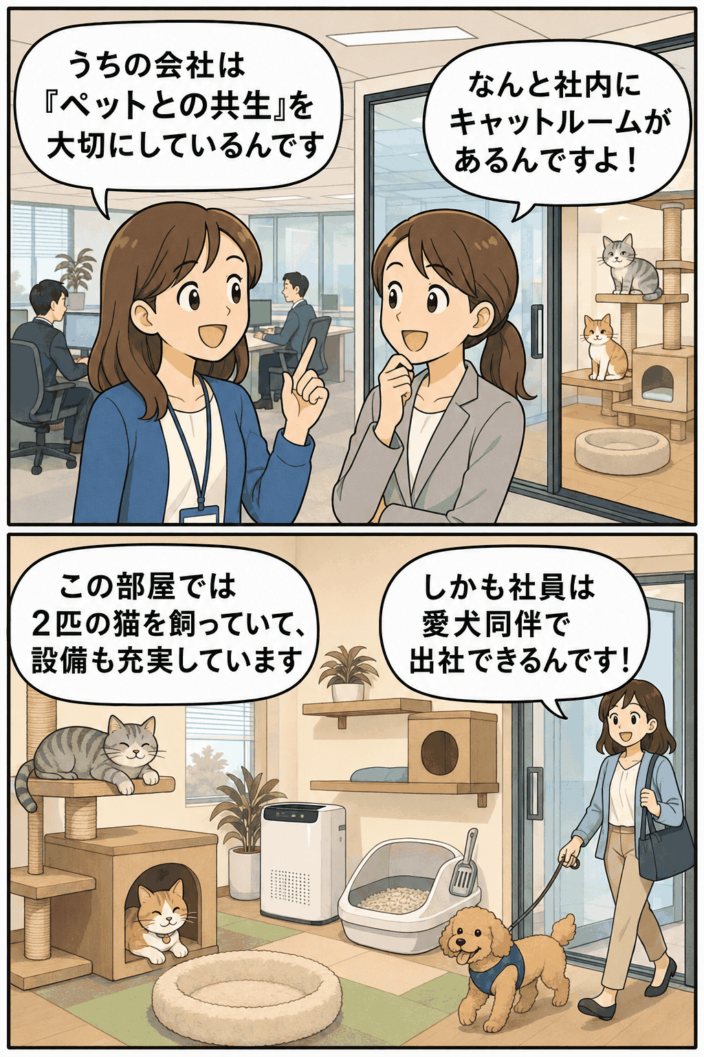 ペットフード会社の社内キャットルームを紹介する漫画。ペットとの共生を理念に、2匹の猫が暮らす広々とした部屋にキャットタワー、空気清浄機、清潔な猫用トイレを備え、社員は愛犬同伴で出社できる