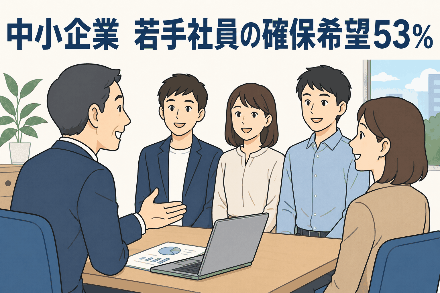 中小企業の若手社員確保希望が53％と示された採用・人材確保に関するイラスト