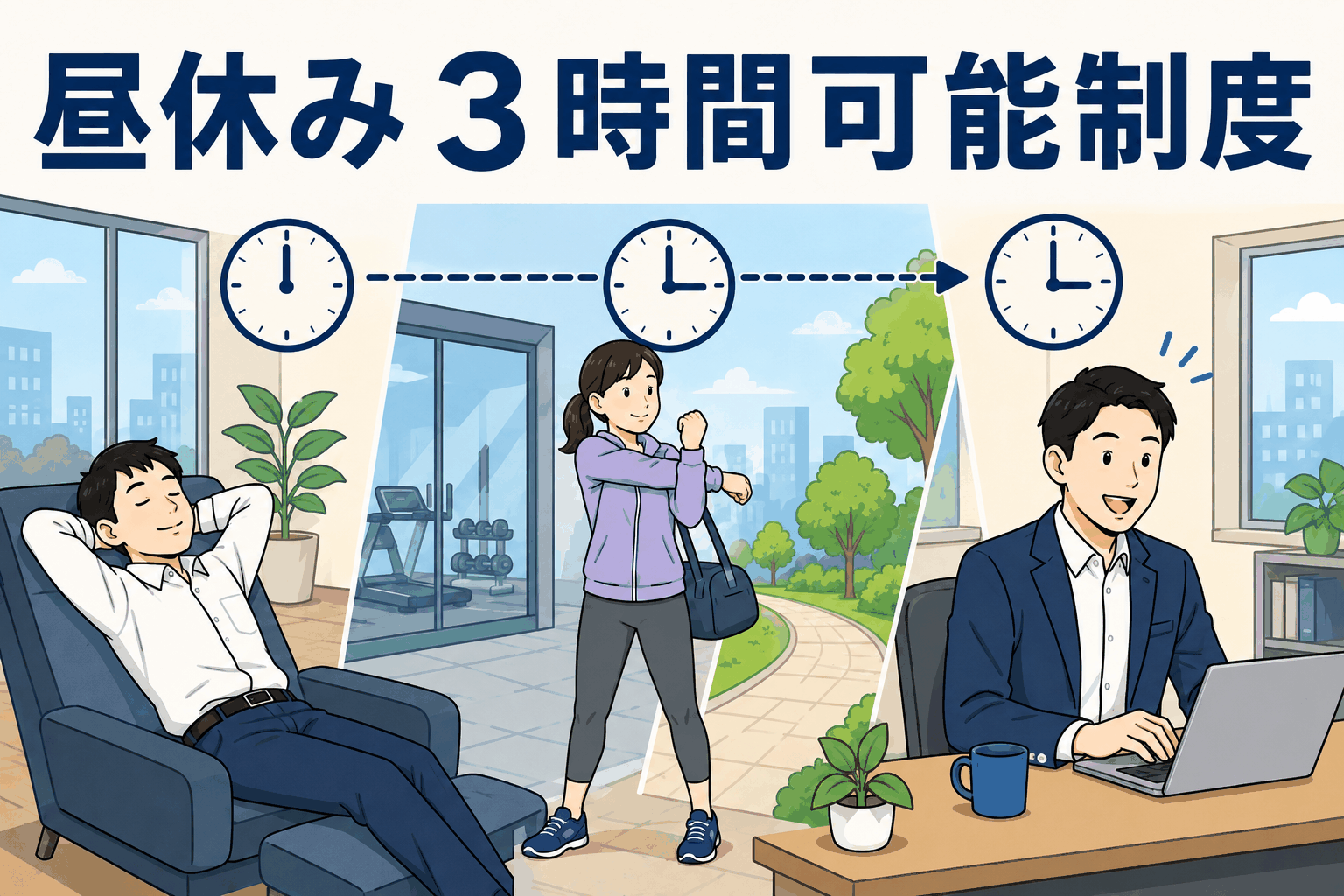 昼休み3時間可能制度で仮眠やジム利用をして働き方を調整する社員のイラスト