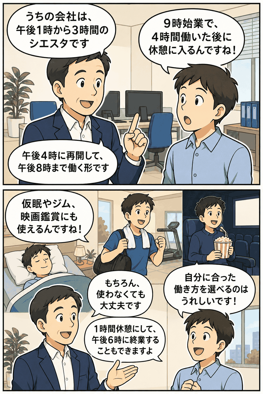 午後1時から3時間休憩できるシエスタ制度の仕組みを説明する社員と聞き手の漫画