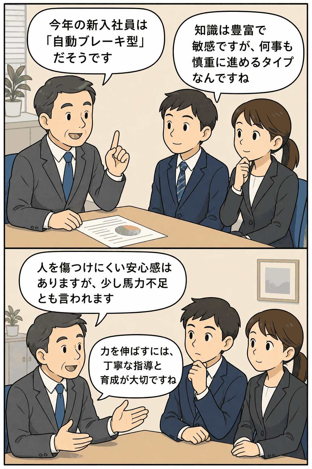 平成26年度新入社員の特徴「自動ブレーキ型」について、上司と若手社員が会議で話し合う漫画イラスト。知識豊富で慎重、安全志向だが育成が重要なタイプとして説明されている。