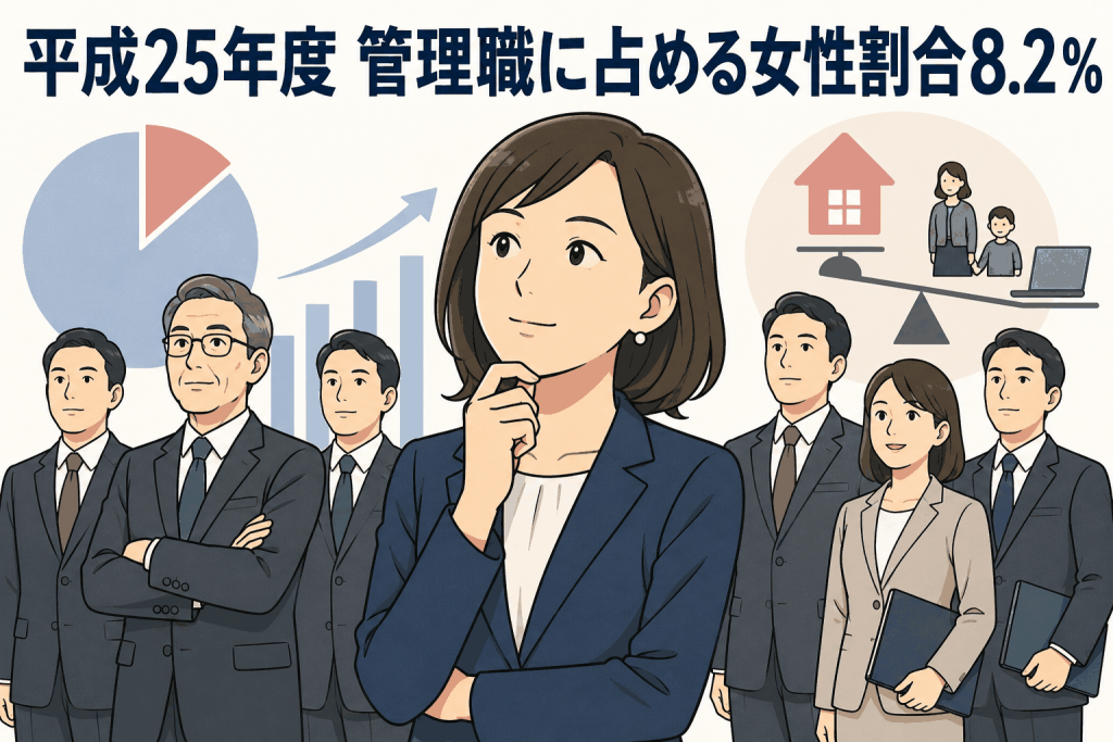 平成25年度東京都男女雇用平等参画状況調査で管理職に占める女性割合が8.2％にとどまることを示すイラスト