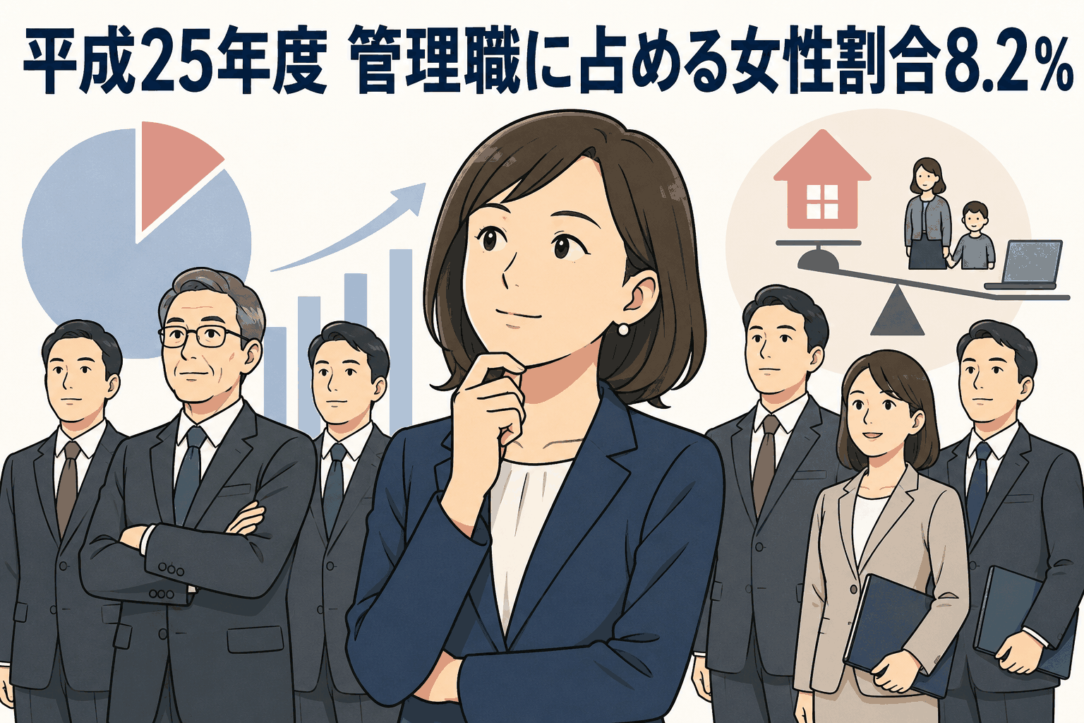 平成25年度東京都男女雇用平等参画状況調査で管理職に占める女性割合が8.2％にとどまることを示すイラスト