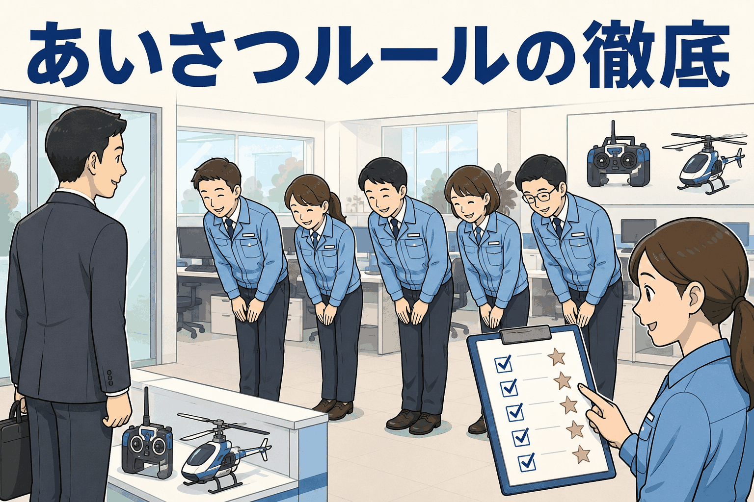 遠隔制御機器メーカーの従業員が来客に一斉にお辞儀し、あいさつルールをチェックシートで確認している様子