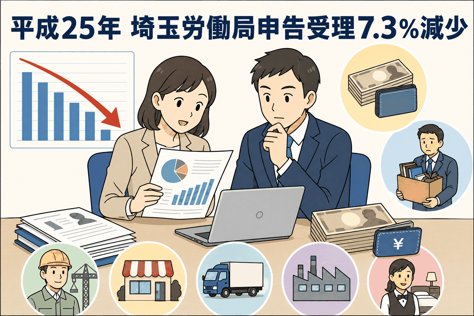 平成25年の埼玉労働局における申告受理件数が前年比7.3％減少したことを示すイラスト。賃金不払や解雇、建設業・商業・運輸交通業・製造業・接客娯楽業など業種別の労働相談状況を表現。