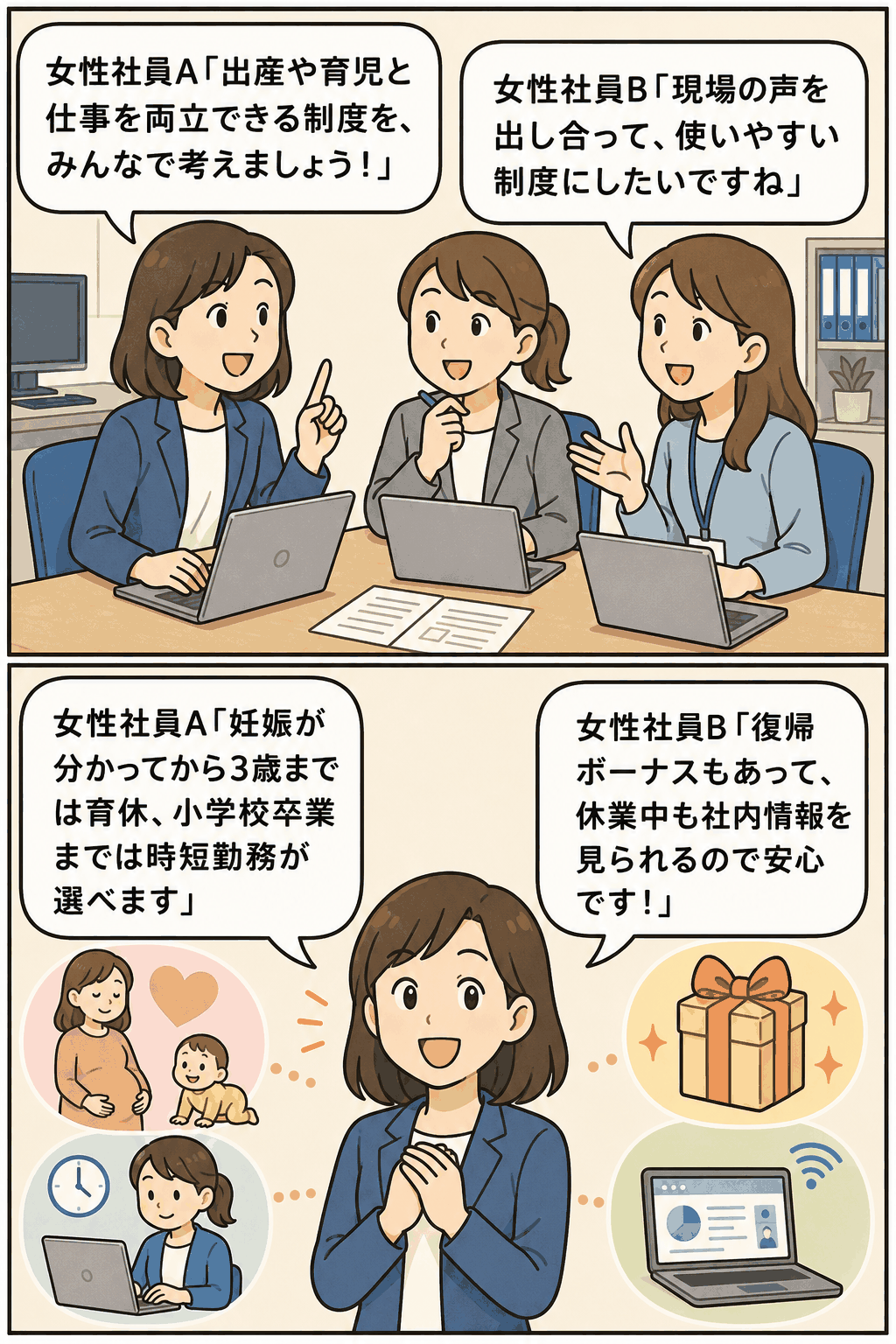 女性社員が出産・育児と仕事を両立できる制度について話し合い、育児休業、短時間勤務、復帰ボーナス、社内情報アクセスを確認している漫画イラスト