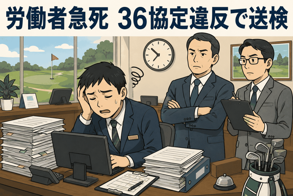 36協定違反でゴルフ場運営会社が書類送検、長時間労働と労働者急死を示すイラスト