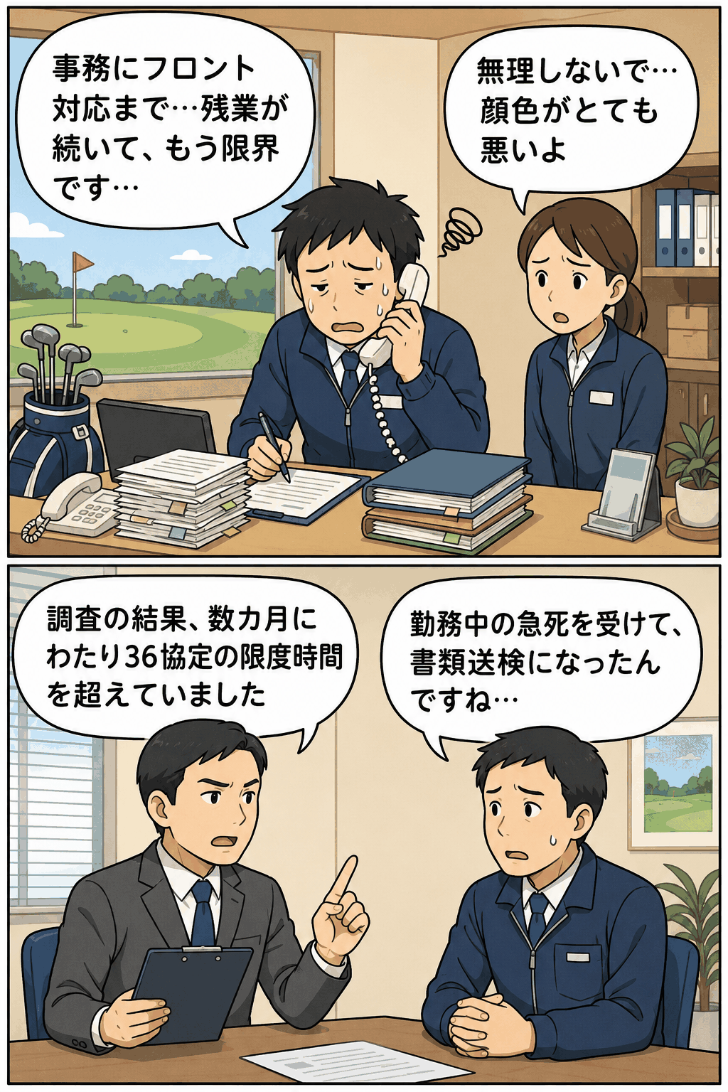 ゴルフ場従業員の長時間労働と急死を受け、36協定違反による書類送検を説明する漫画