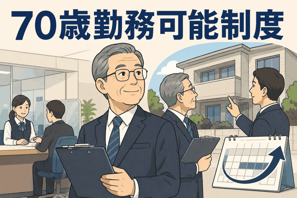 70歳勤務可能制度により、金融機関で65歳以上の再雇用行員が経験を活かして支店検査や担保物件の実査を行うイメージ