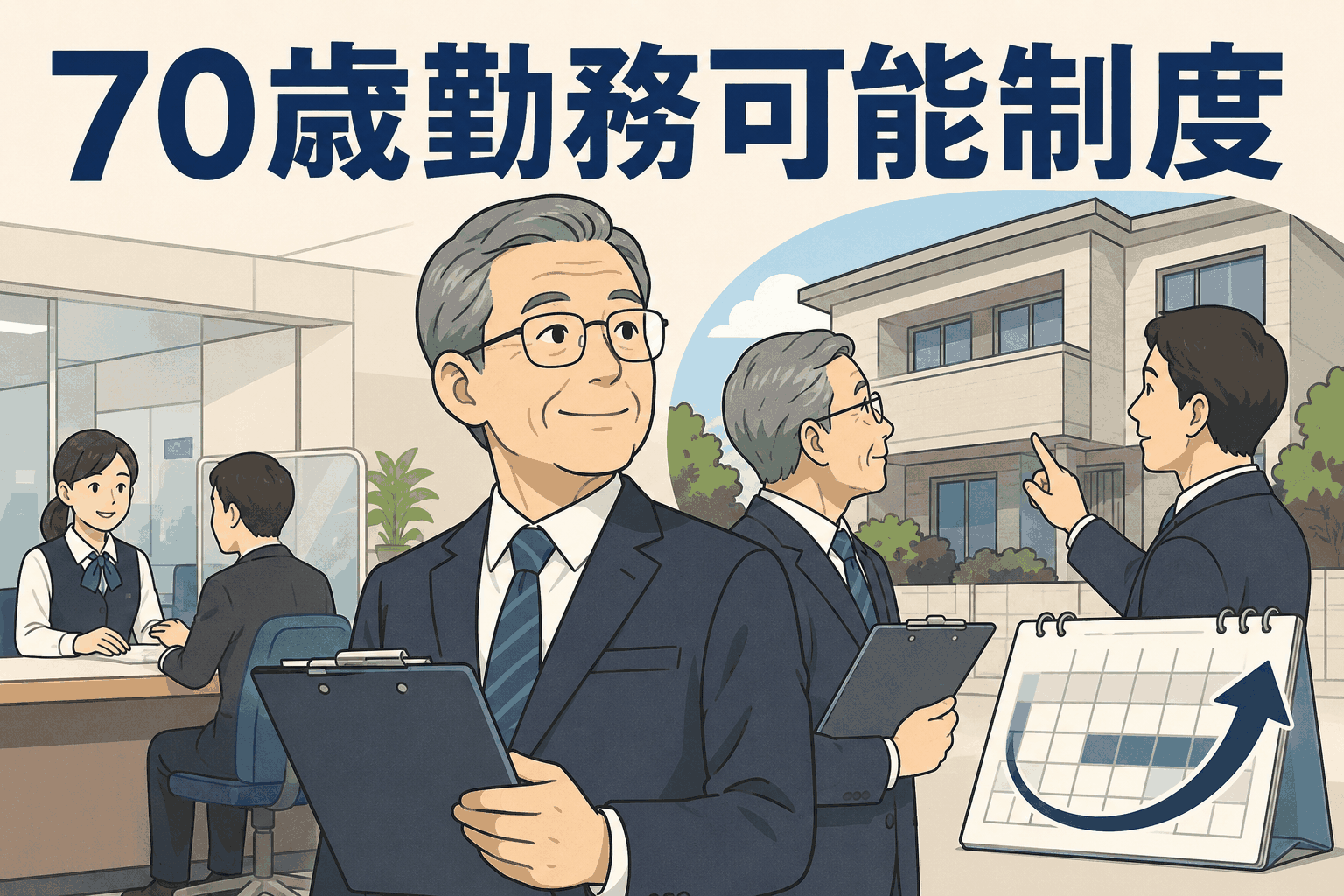 70歳勤務可能制度により、金融機関で65歳以上の再雇用行員が経験を活かして支店検査や担保物件の実査を行うイメージ