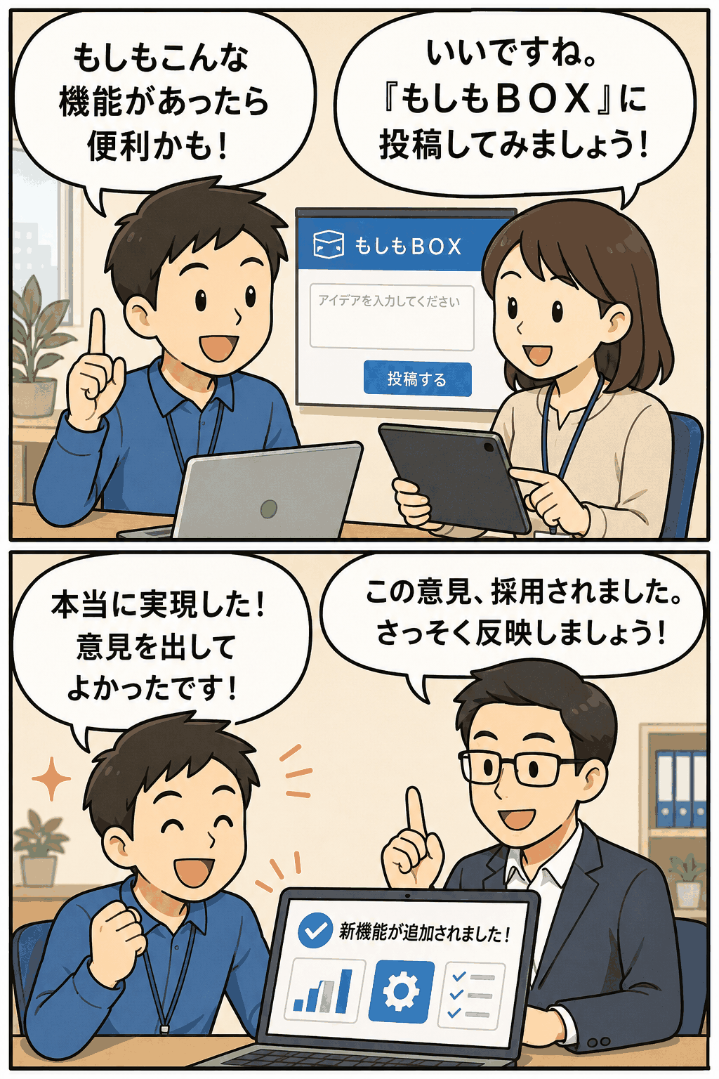 社員が「もしもBOX」に機能改善のアイデアを投稿し、採用された意見が新機能として社内システムに反映される様子を描いた漫画イラスト
