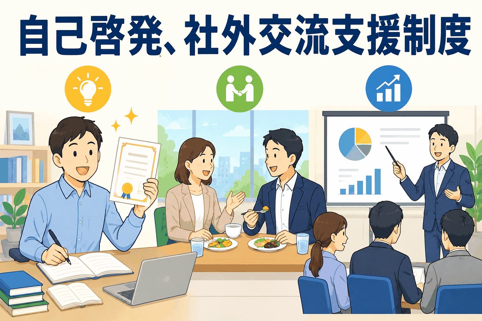 自己啓発、社外交流、研修セミナー参加を支援するアウトソーシング会社の福利厚生制度を紹介するイラスト
