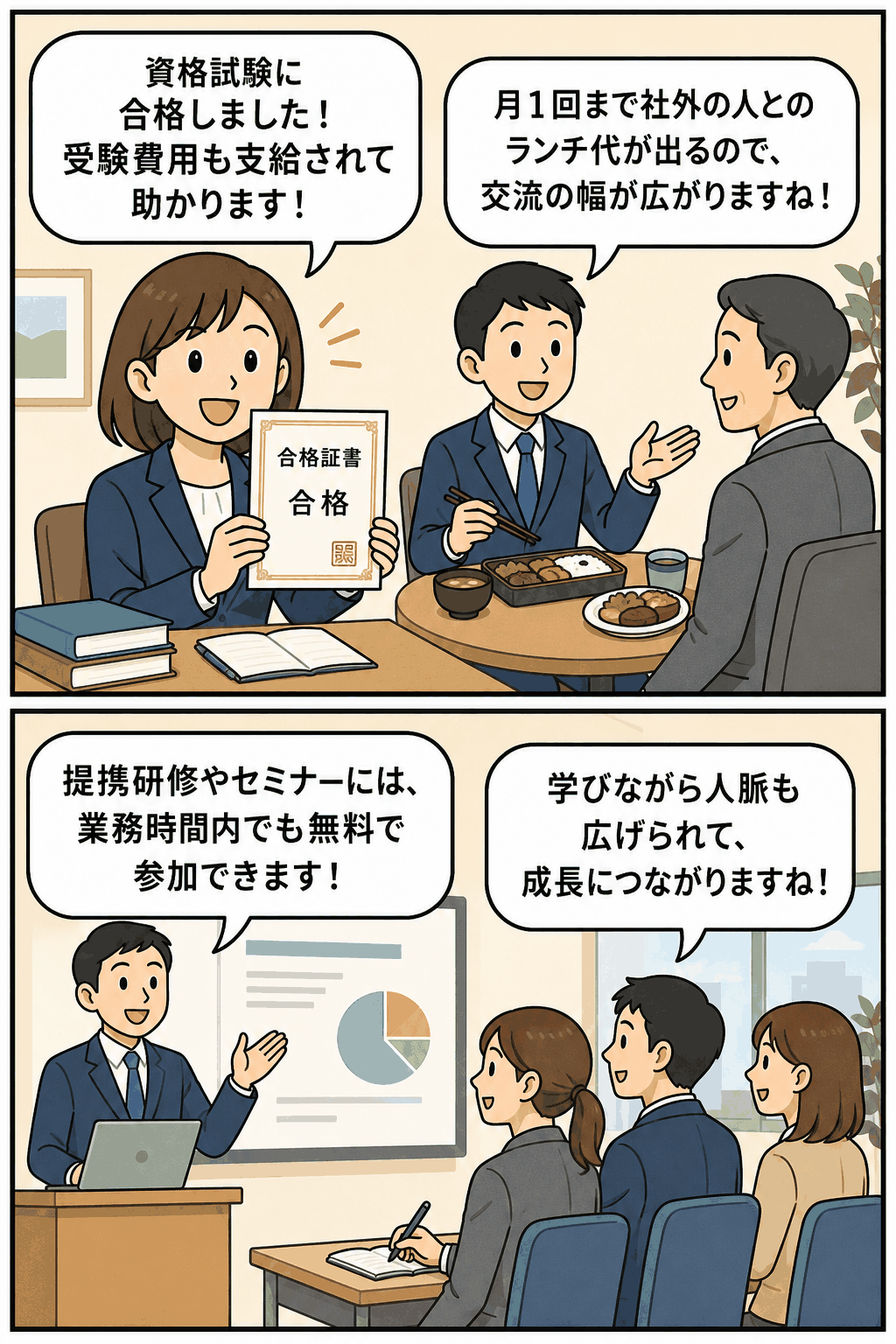 資格取得支援、社外ランチ補助、研修・セミナー参加制度を通じて、社員の自己啓発と社外交流を促進する福利厚生の漫画イラスト