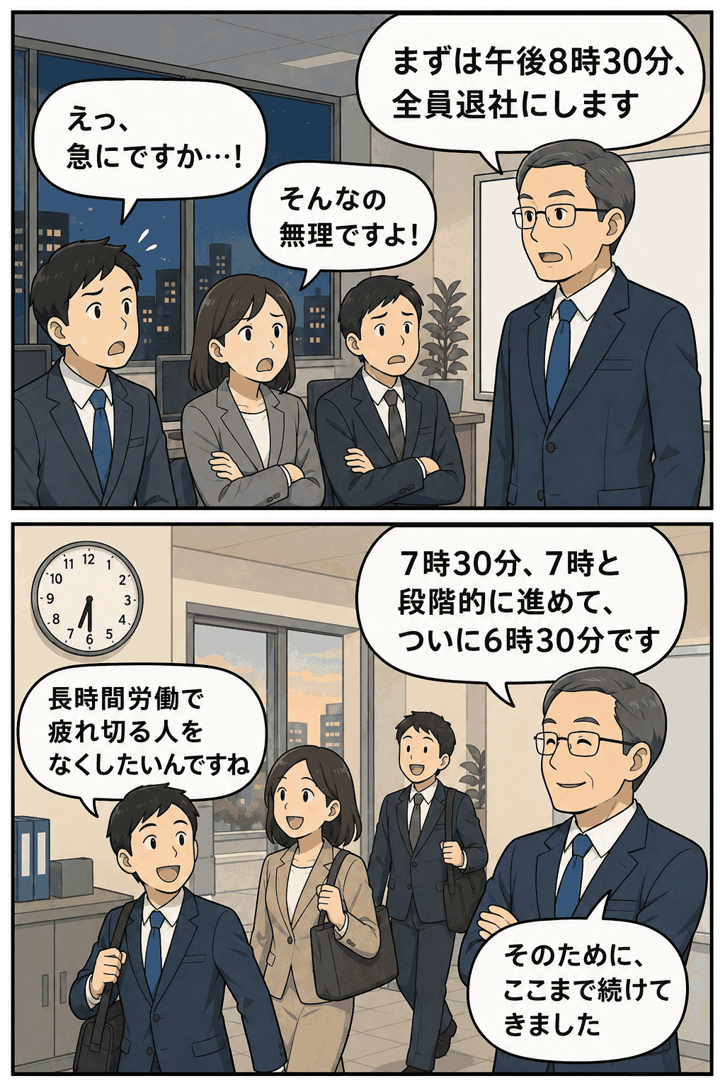午後8時30分から段階的に退社時刻を早め、午後6時30分の全員退社を実現する商社の働き方改革を描いた漫画