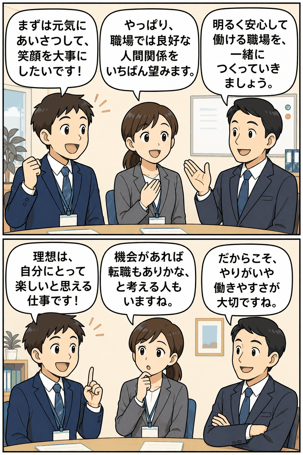 新入社員が挨拶や笑顔、良好な人間関係、楽しい仕事、転職意識について話し合う職場の漫画イラスト