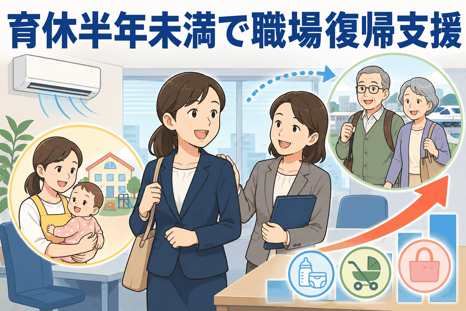 育休半年未満で職場復帰する社員を支援する制度を紹介するイラスト。ベビーシッター、延長保育、親の呼び寄せ旅費など子育て支援の拡充を表現。