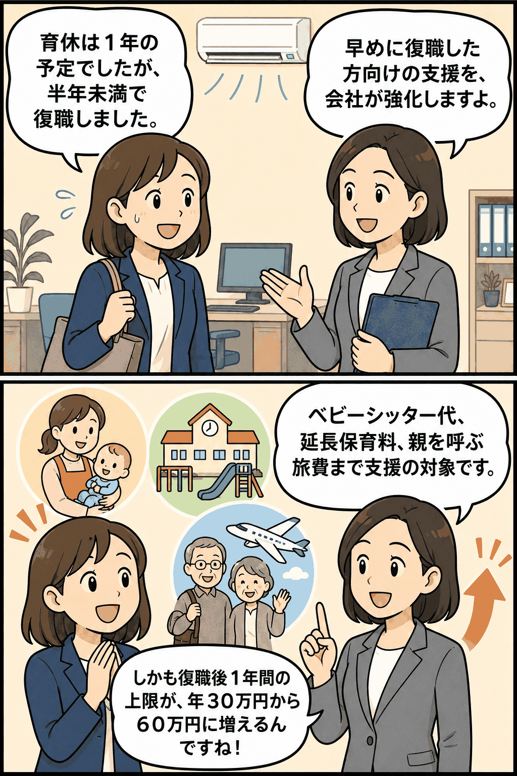 育休を半年未満で切り上げて職場復帰した社員への支援強化を説明する漫画。ベビーシッター代、延長保育料、親を呼ぶ旅費、支援上限60万円への拡大を紹介。