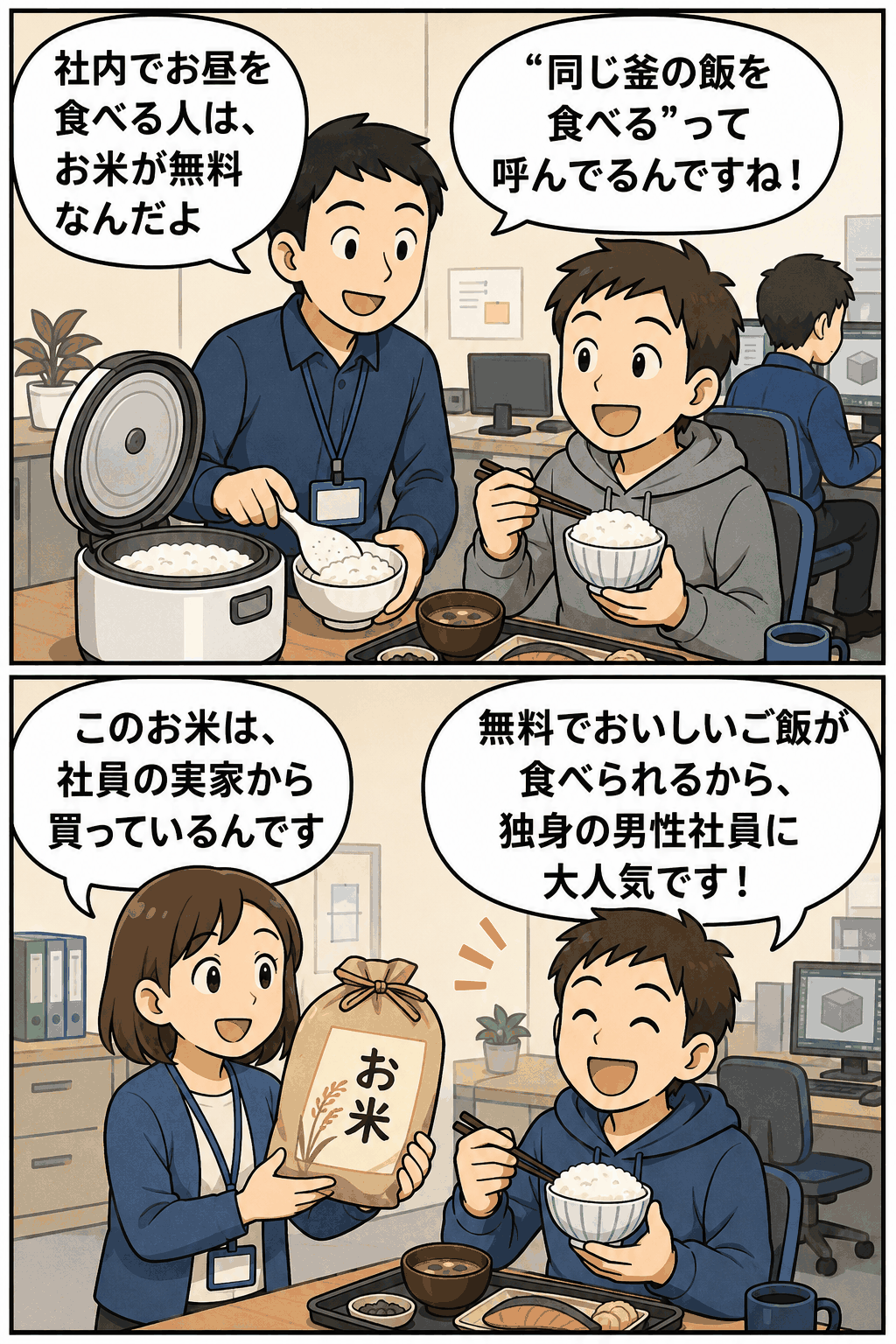 CG制作会社の社内ランチで無料のお米サービス「同じ釜の飯」を説明する漫画
