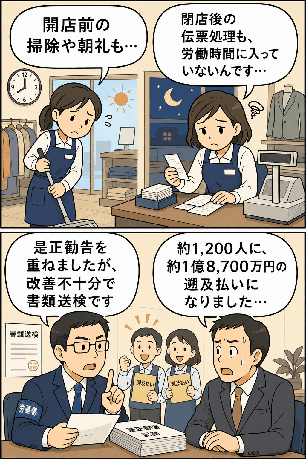 開店前の掃除や朝礼、閉店後の伝票処理を労働時間に含めなかった残業代未払いについて、労基署の是正勧告や書類送検、遡及払いを漫画で説明する画像