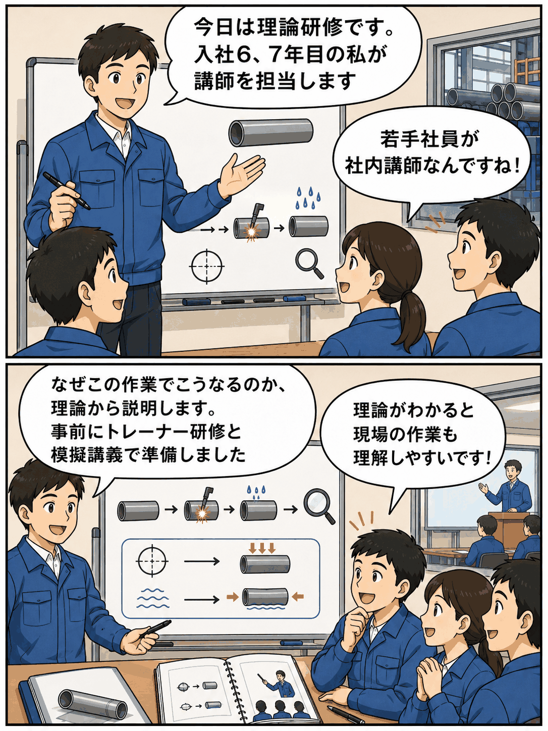 鋼管製造会社で入社6、7年目の若手技術員が社内講師となり、理論研修で作業の仕組みを後輩社員に説明している漫画