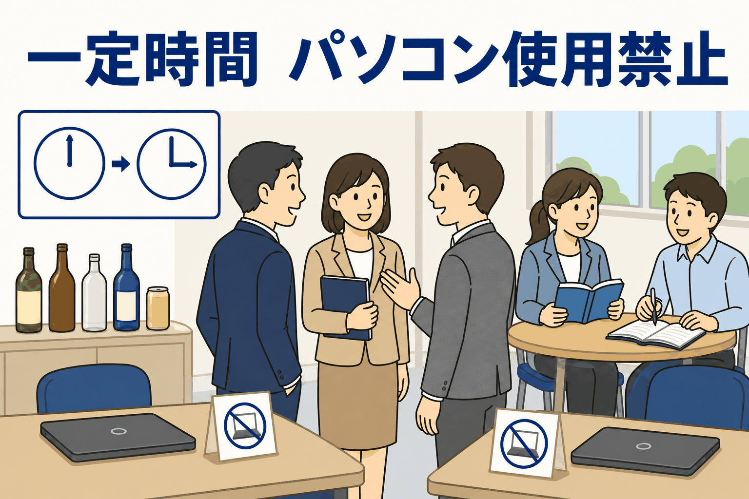 毎週水曜日の正午から午後3時まで社内パソコン使用を禁止し、社員がミーティングや勉強会でコミュニケーションを深める取り組み