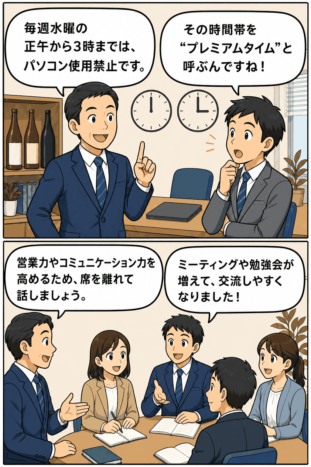 毎週水曜の正午から午後3時まで社内パソコン使用を禁止するプレミアムタイムに、社員が席を離れてミーティングや勉強会を行う様子