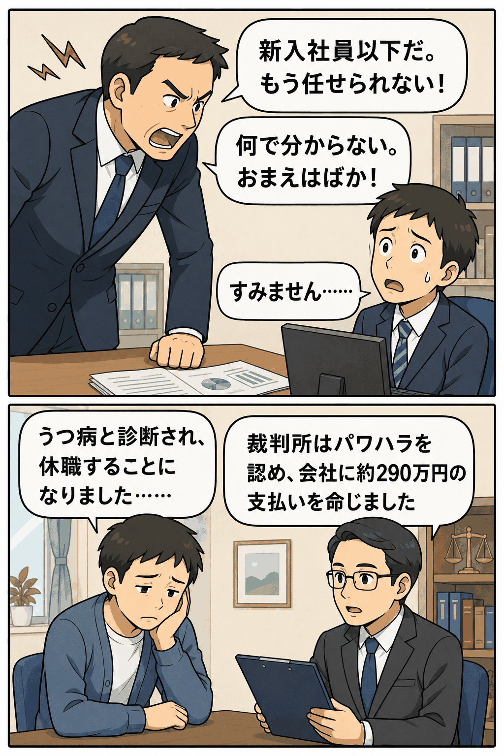 上司から「新入社員以下だ」「おまえはばか」などの暴言を受けた男性がうつ病で休職し、東京地裁がパワハラを認めた裁判を解説する漫画画像