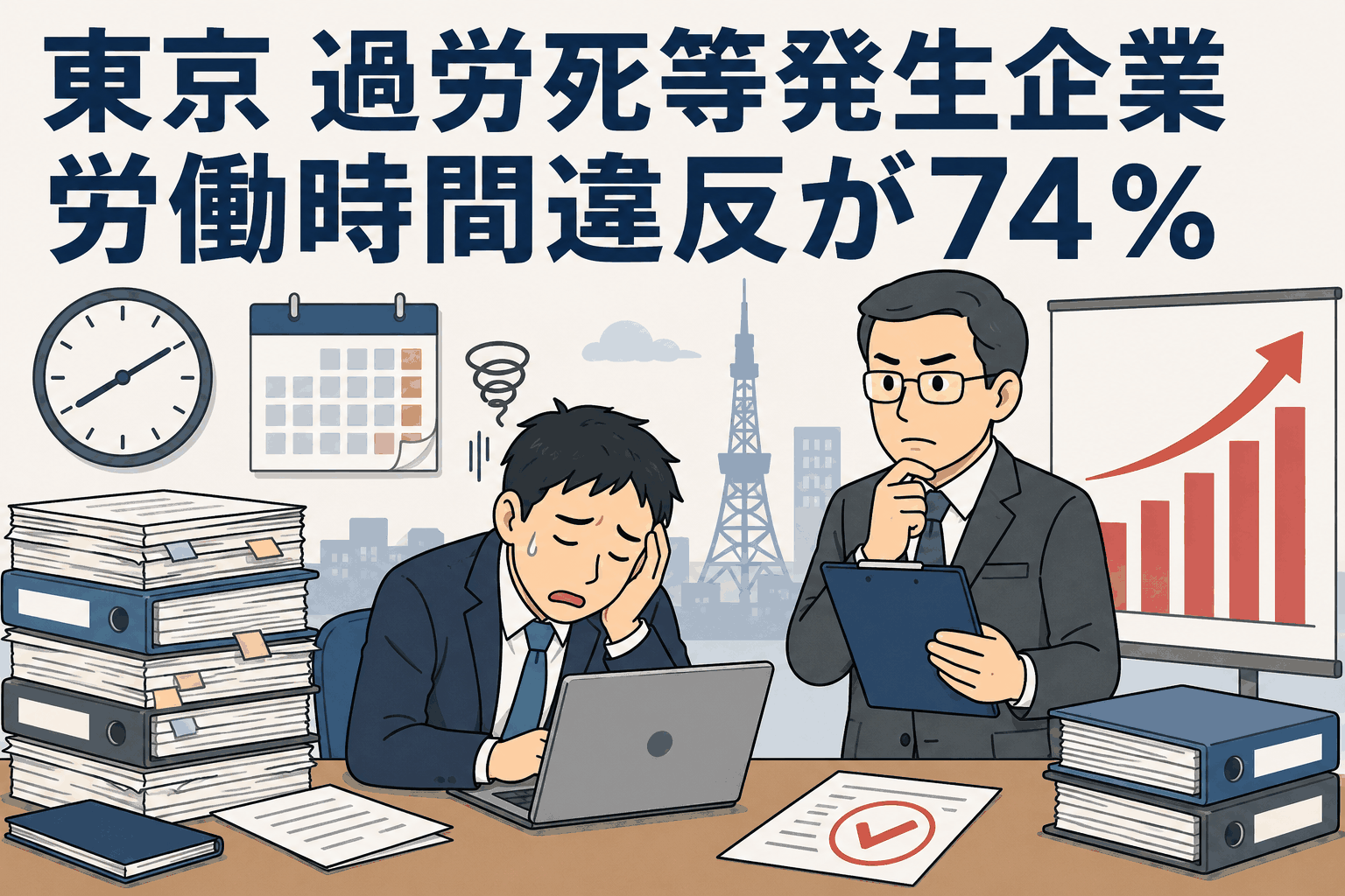 東京の過労死等発生企業に対する労働基準監督署の監督指導結果で、労働時間違反が74％だったことを示すアイキャッチ画像