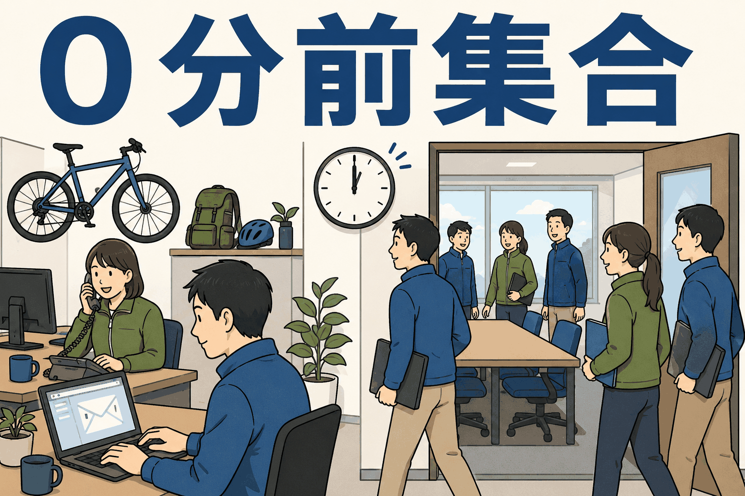 0分前集合を導入し、会議開始直前まで業務を進めて定刻に会議室へ集まる自転車・アウトドア用品販売会社のオフィス風景
