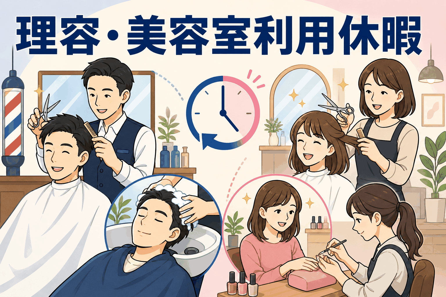 理容室・美容室利用休暇制度を紹介するイラスト。社員が月1回、散髪・シェービング・ネイル・ヘッドスパなどの施術を受けるために半日休暇を取得できる福利厚生制度。