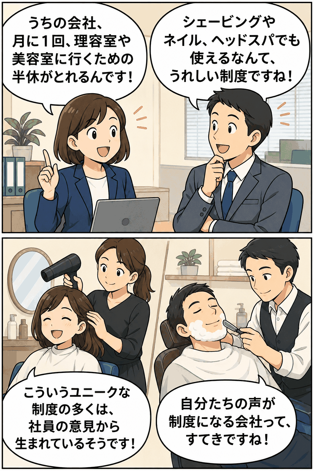 理容室・美容室利用休暇制度を紹介する漫画イラスト。社員が月1回、散髪やシェービング、ネイル、ヘッドスパのために半日休暇を取得できる福利厚生について会話している様子。