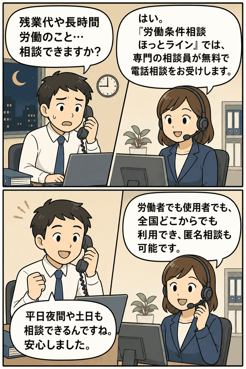 労働条件相談ほっとラインで、残業代や長時間労働について無料・匿名で電話相談できることを説明する漫画