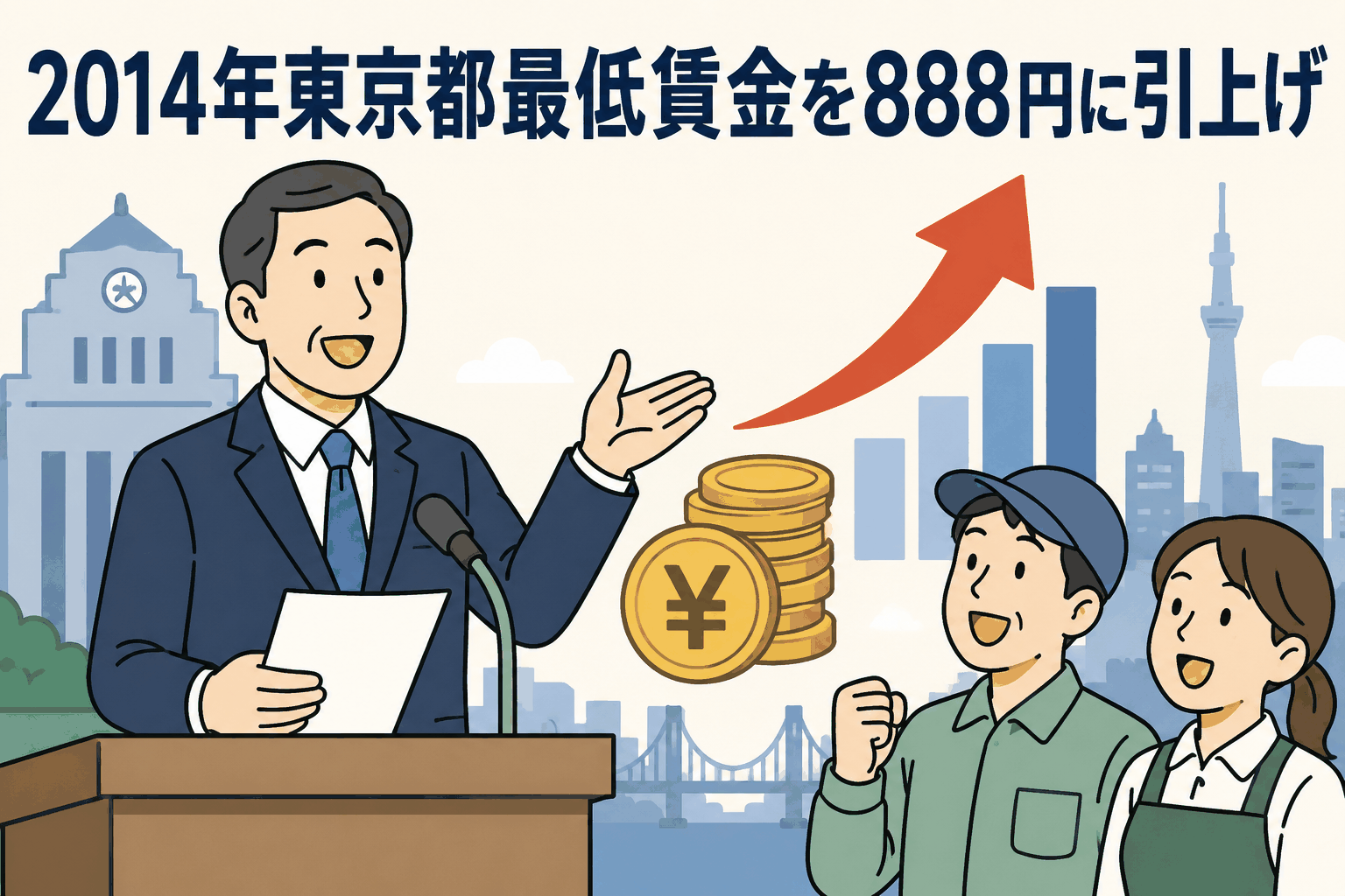 2014年10月1日から東京都最低賃金が19円引き上げられ、時間額888円に改正されることを伝えるイラスト