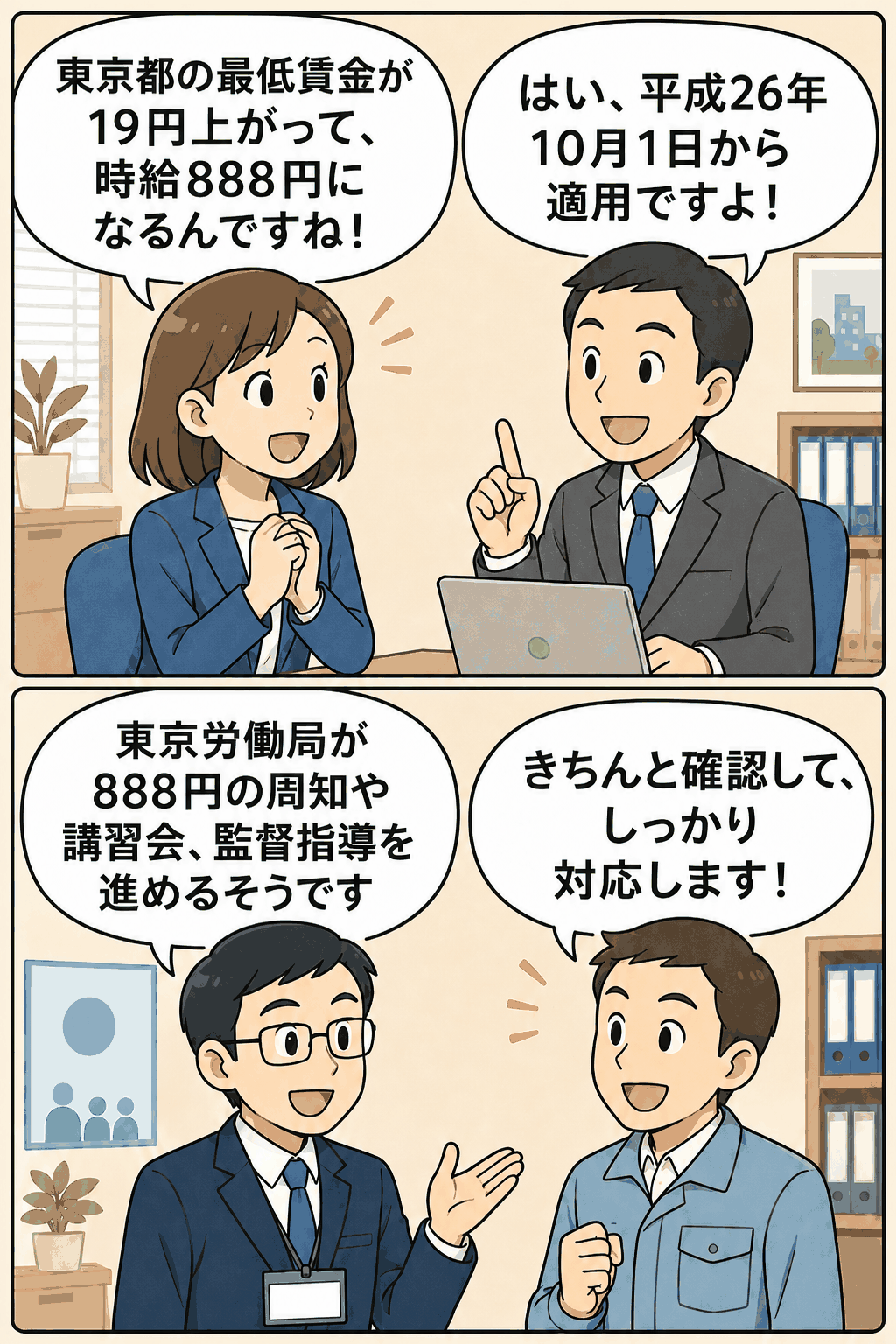 東京都最低賃金が平成26年10月1日から19円引き上げられ、時給888円になることを会話形式で説明する漫画