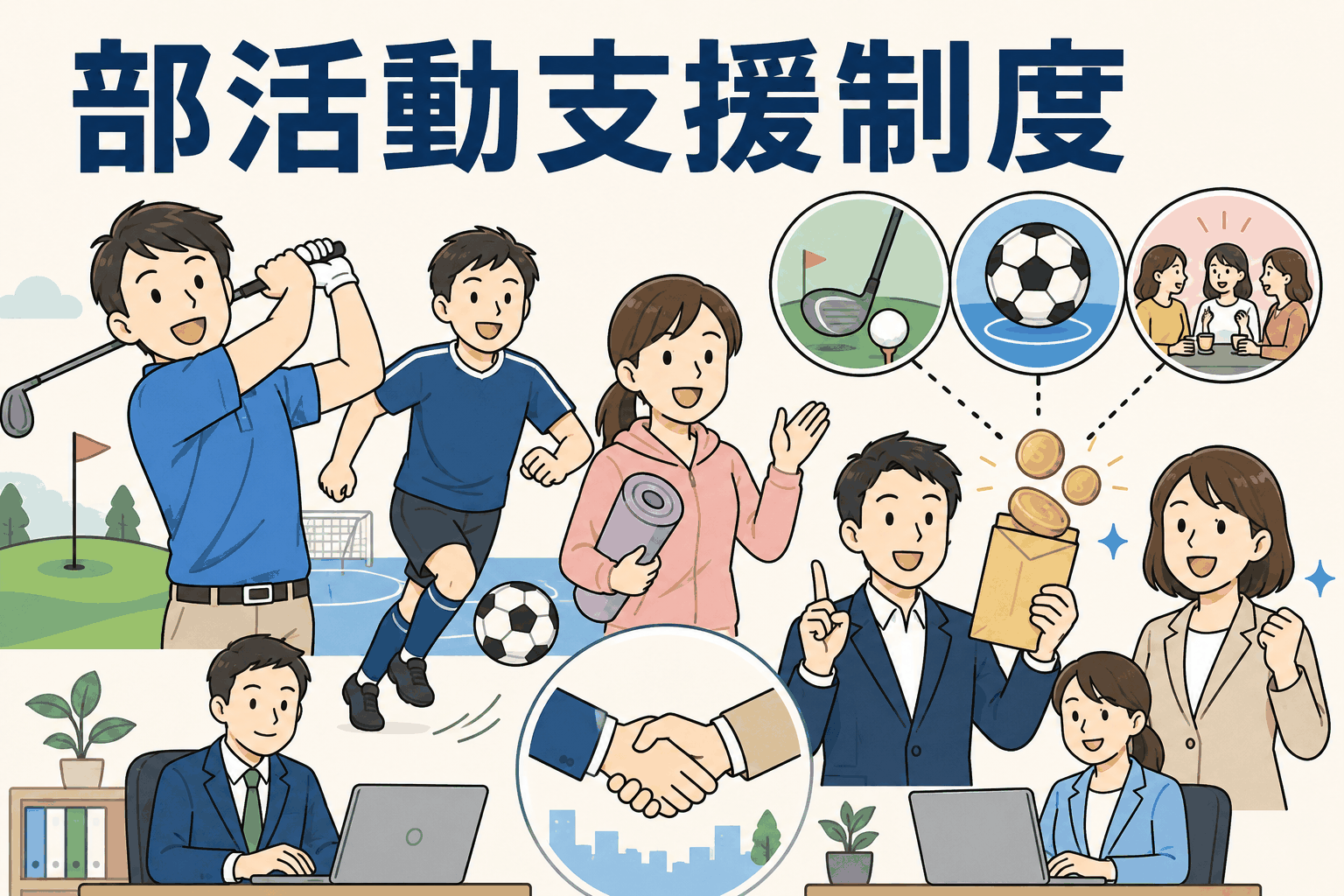 デジタルマーケティング会社の部活動支援制度を紹介するイラスト。ゴルフ部、フットサル部、女子部など社員の交流と活動費補助を表現。