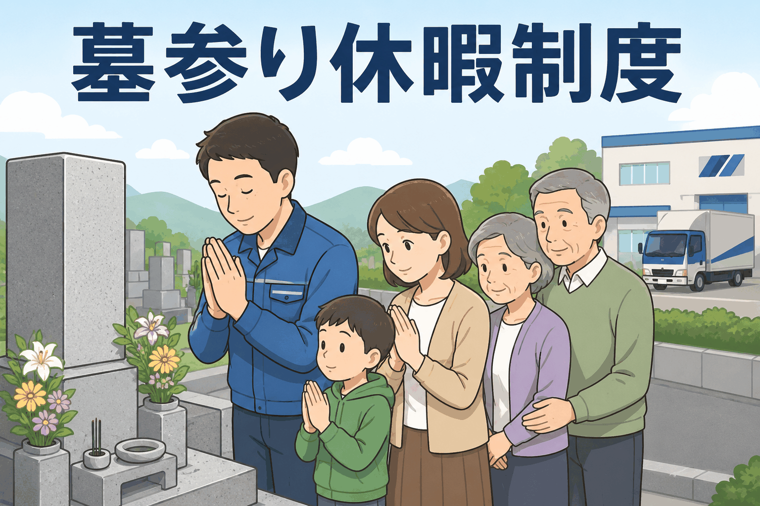 墓参り休暇制度を利用し、家族でお墓参りをする物流会社の社員
