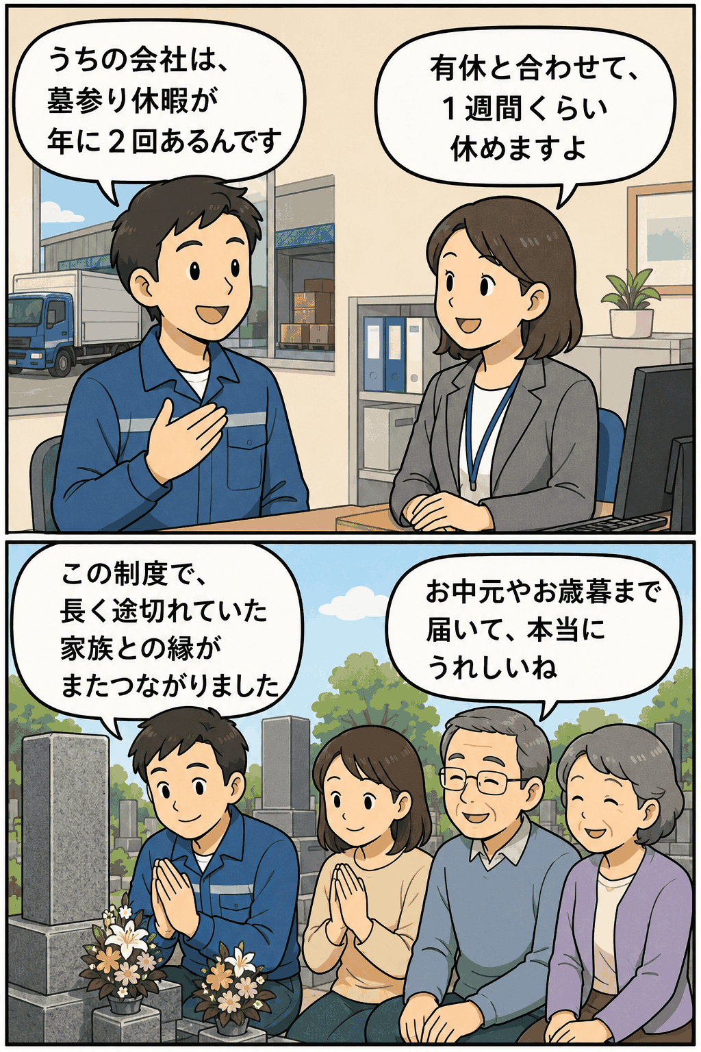 墓参り休暇制度について説明する物流会社の社員と、家族でお墓参りをする様子