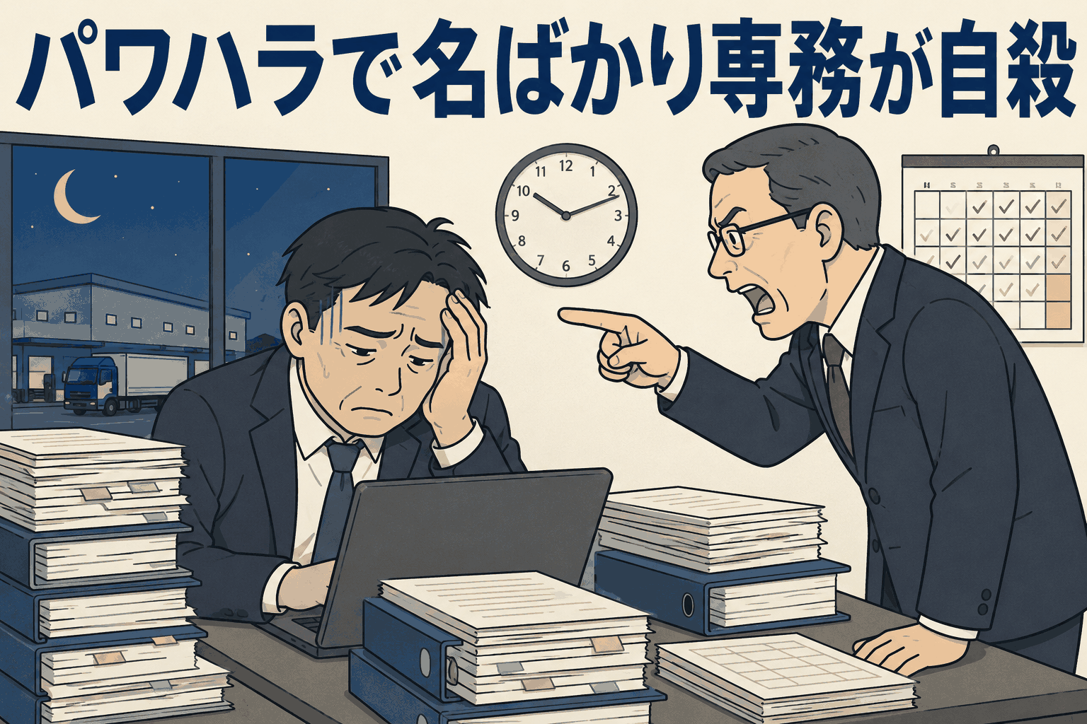 パワハラと長時間労働に苦しむ名ばかり専務が、夜の物流会社の事務所で社長から叱責されているイラスト