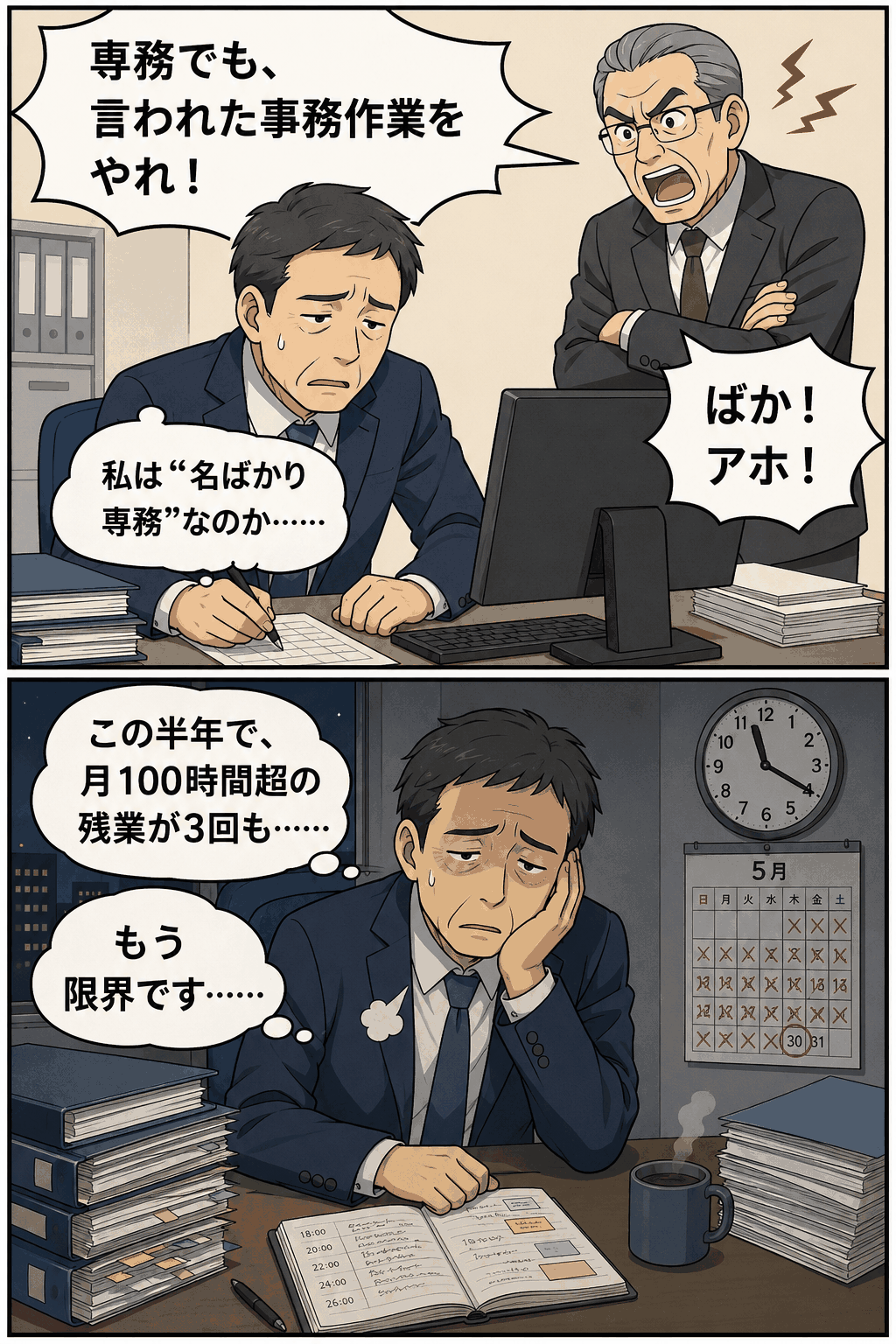 名ばかり専務として事務作業を強いられ、社長から「ばか」「アホ」と叱責されながら、月100時間超の残業に追い詰められる男性の漫画イラスト