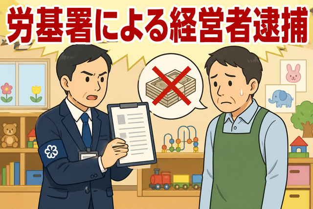 労働基準監督署の職員が託児所経営者に未払い賃金を指導し、最低賃金法違反による逮捕を表すイラスト