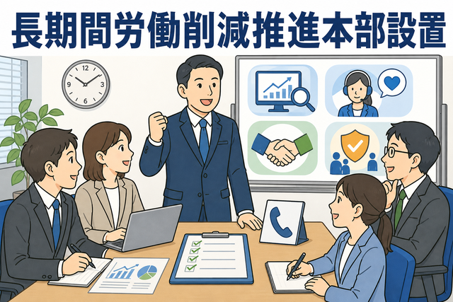 厚生労働省による長時間労働削減推進本部設置と過重労働解消に向けた重点監督・相談体制強化を説明する会議イラスト