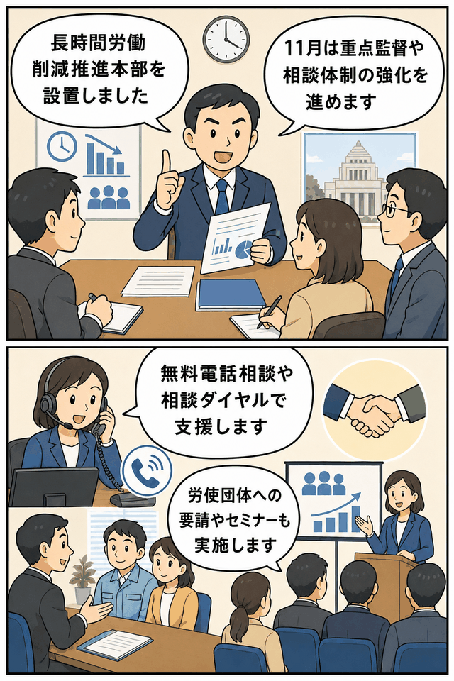 厚生労働省が長時間労働削減推進本部の設置、11月の重点監督、無料電話相談、労使団体への要請、セミナー実施を説明する漫画風イラスト