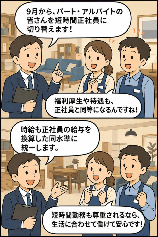 外資系家具販売会社がパート・アルバイト全従業員を短時間正社員に切り替え、福利厚生・賃金・働き方を説明する漫画イラスト