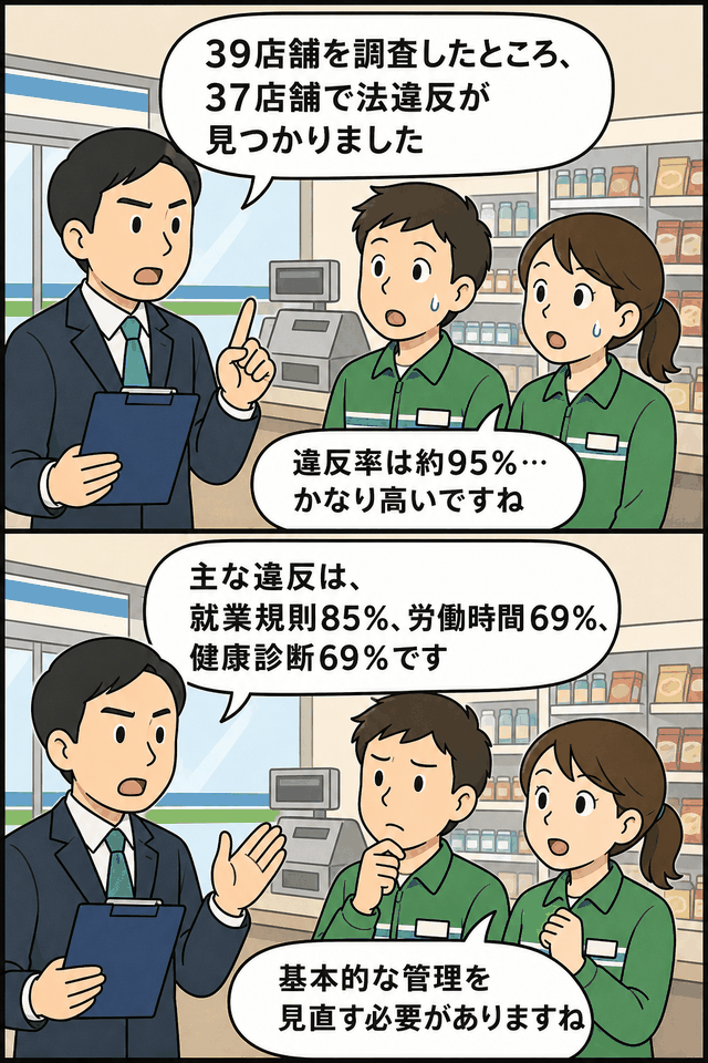 長崎労働基準監督署が管内コンビニ39店舗を調査し37店舗で法違反を確認、就業規則85％・労働時間69％・健康診断69％の違反があったことを説明する漫画