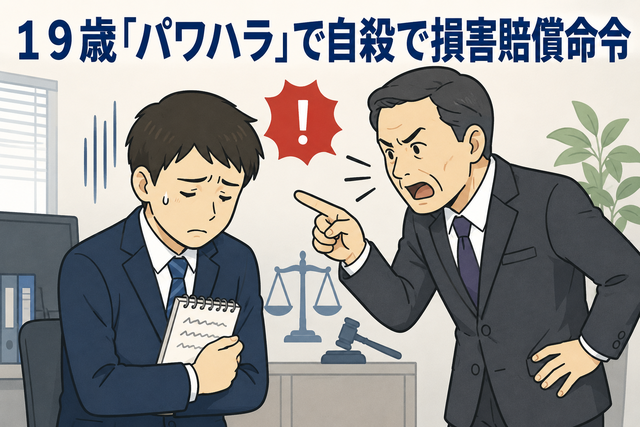 19歳社員が上司のパワハラを苦に自殺し、会社と上司に損害賠償命令が出た裁判を表すイラスト
