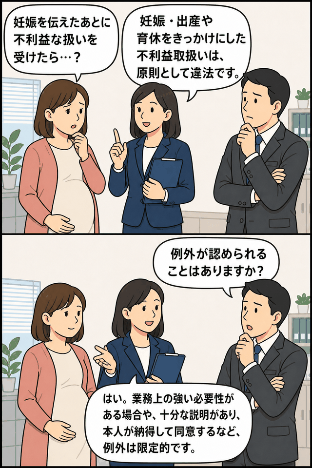 妊娠・出産や育児休業を契機とした不利益取扱いの違法性と例外について、職場で説明を受ける妊婦と上司の漫画
