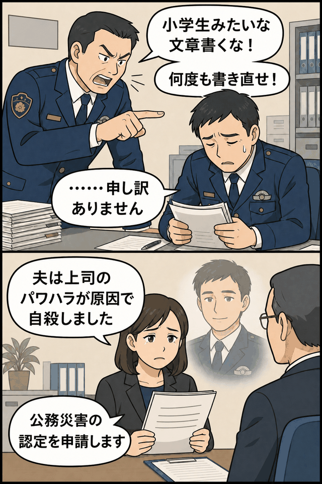 上司からパワハラを受けた警部が自殺し、妻が公務災害認定を申請する場面を描いた漫画風イメージ画像