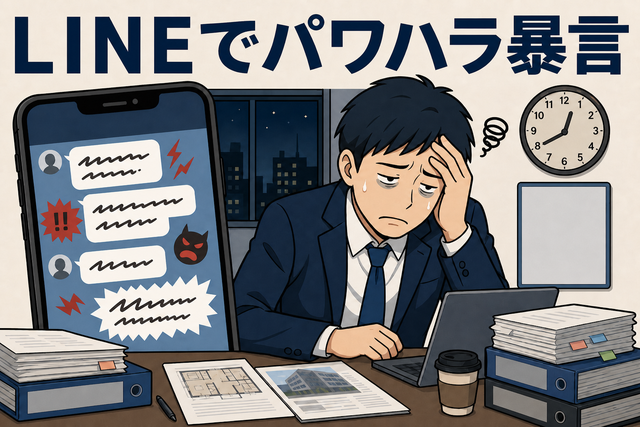 LINEでの暴言や長時間労働に苦しむ不動産営業社員のイメージ