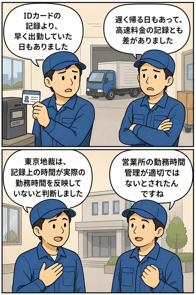 配送会社の元運転手2人が、IDカードの出退勤記録と高速道路の通過記録の差を根拠に、実際の勤務時間管理の不備を説明する漫画