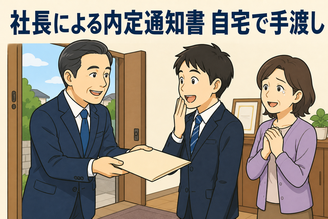 旅行会社の社長が内定者の自宅を訪問し、内定通知書を手渡す内定サプライズのイラスト